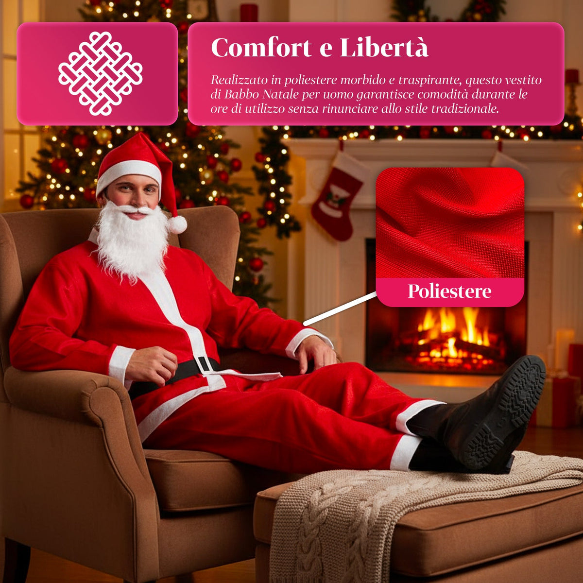 Costume di Babbo Natale Completo – Cappello, Barba, Giacca e Pantaloni