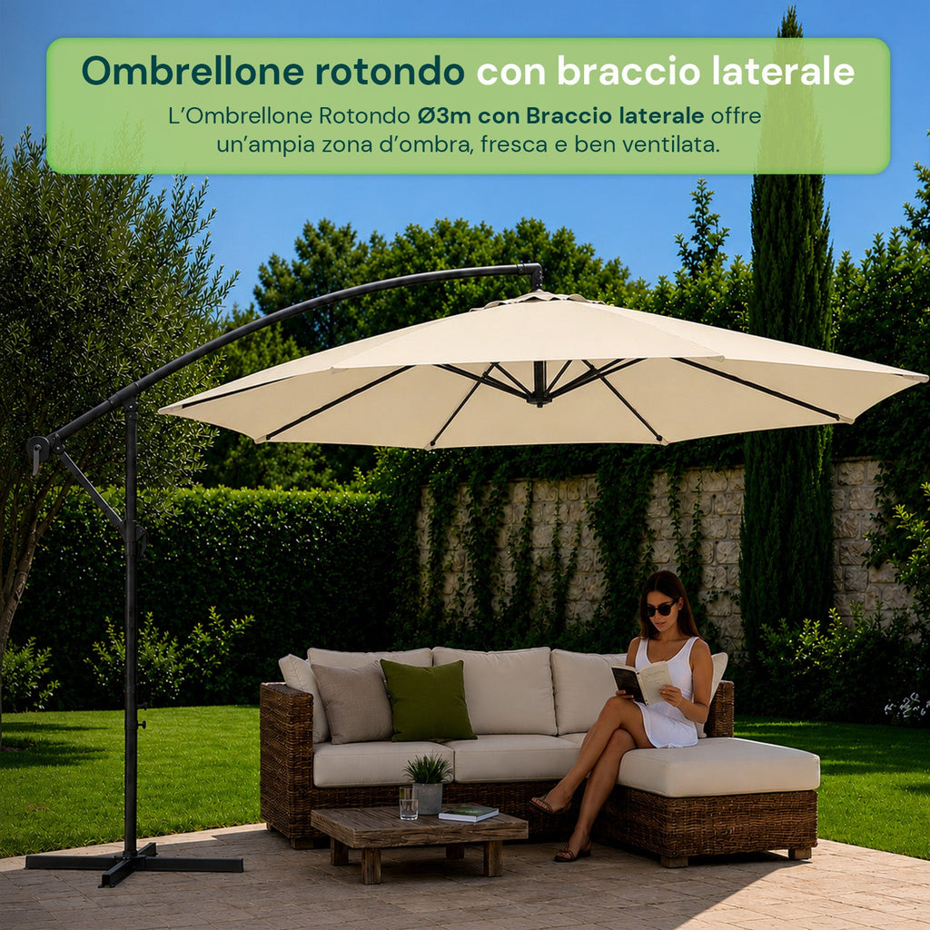 Ombrellone Rotondo Decentrato Ø3m con Braccio Laterale in Acciaio, Manovella, Poliestere 180gr Impermeabile UV per Giardino e Terrazzo
