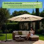 Ombrellone Rotondo Decentrato Ø3m con Braccio Laterale in Acciaio, Manovella, Poliestere 180gr Impermeabile UV per Giardino e Terrazzo