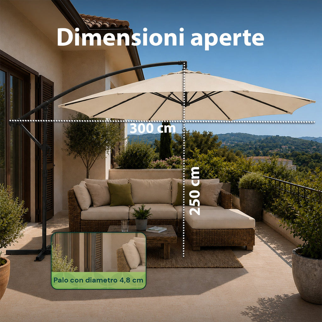 Ombrellone Rotondo Decentrato Ø3m con Braccio Laterale in Acciaio, Manovella, Poliestere 180gr Impermeabile UV per Giardino e Terrazzo
