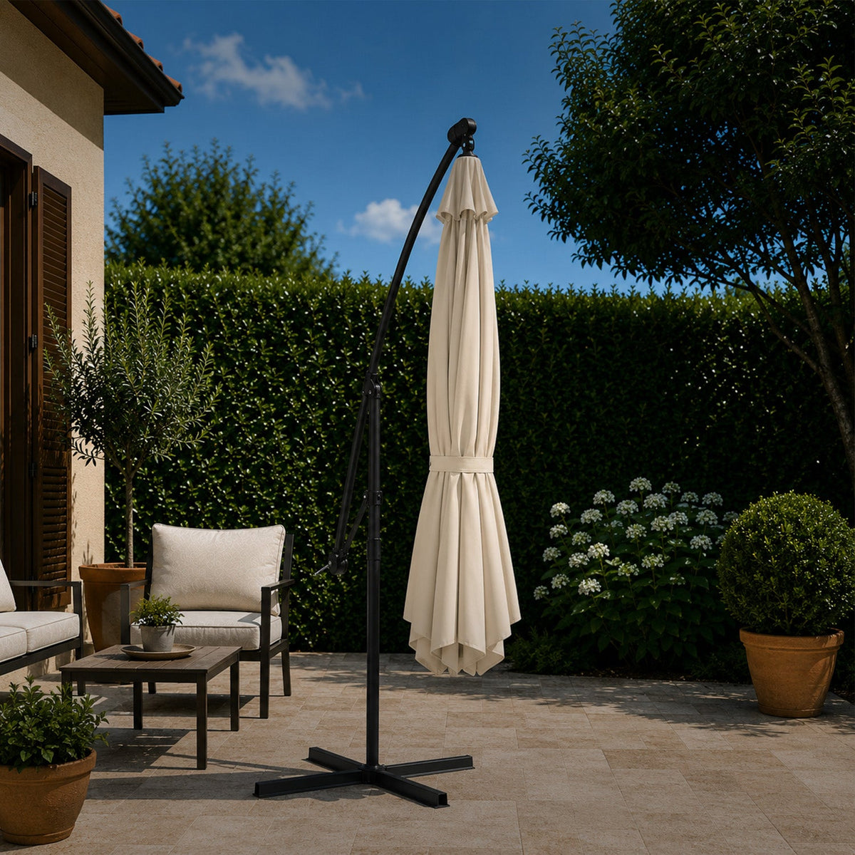 Ombrellone Rotondo Decentrato Ø3m con Braccio Laterale in Acciaio, Manovella, Poliestere 180gr Impermeabile UV per Giardino e Terrazzo