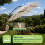 Ombrellone Rotondo Decentrato Ø3m con Braccio Laterale in Acciaio, Manovella, Poliestere 180gr Impermeabile UV per Giardino e Terrazzo
