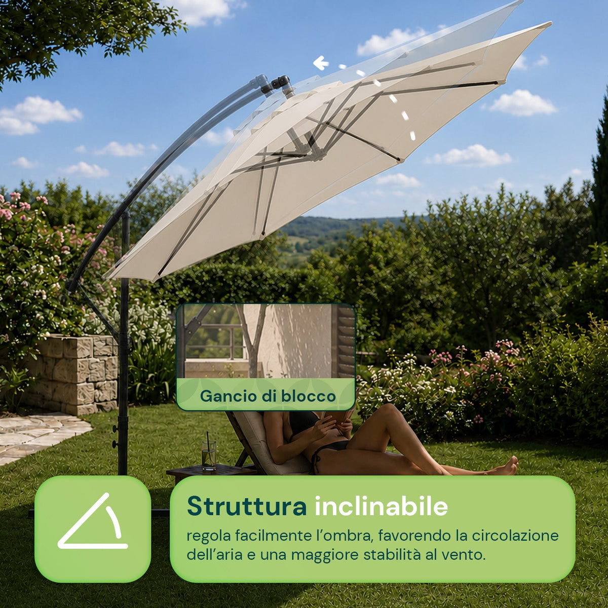 Ombrellone Rotondo Decentrato Ø3m con Braccio Laterale in Acciaio, Manovella, Poliestere 180gr Impermeabile UV per Giardino e Terrazzo