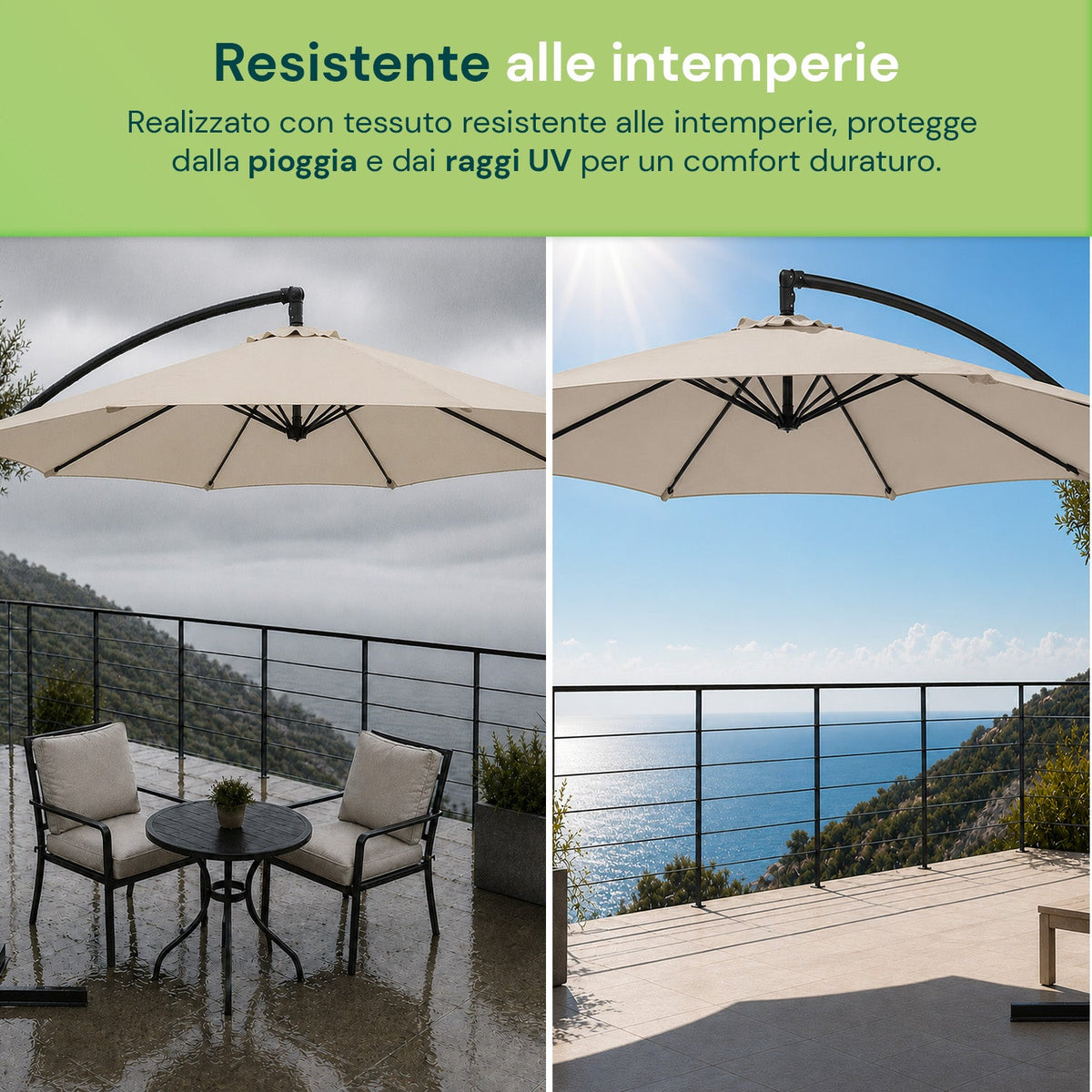 Ombrellone Rotondo Decentrato Ø3m con Braccio Laterale in Acciaio, Manovella, Poliestere 180gr Impermeabile UV per Giardino e Terrazzo