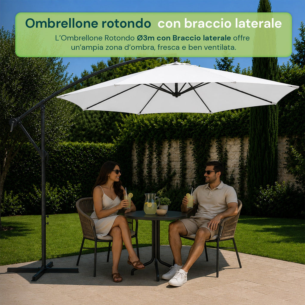 Ombrellone Rotondo Decentrato Ø3m con Braccio Laterale in Acciaio, Manovella, Poliestere 180gr Impermeabile UV per Giardino e Terrazzo