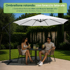 Ombrellone Rotondo Decentrato Ø3m con Braccio Laterale in Acciaio, Manovella, Poliestere 180gr Impermeabile UV per Giardino e Terrazzo