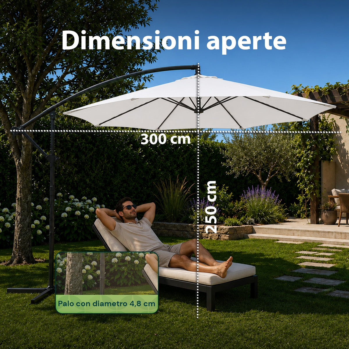 Ombrellone Rotondo Decentrato Ø3m con Braccio Laterale in Acciaio, Manovella, Poliestere 180gr Impermeabile UV per Giardino e Terrazzo