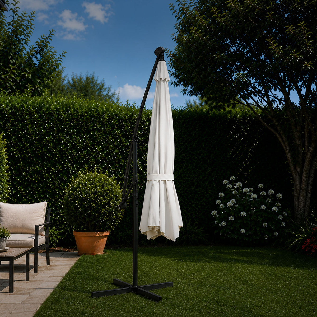 Ombrellone Rotondo Decentrato Ø3m con Braccio Laterale in Acciaio, Manovella, Poliestere 180gr Impermeabile UV per Giardino e Terrazzo