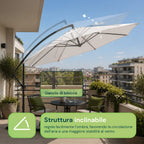 Ombrellone Rotondo Decentrato Ø3m con Braccio Laterale in Acciaio, Manovella, Poliestere 180gr Impermeabile UV per Giardino e Terrazzo