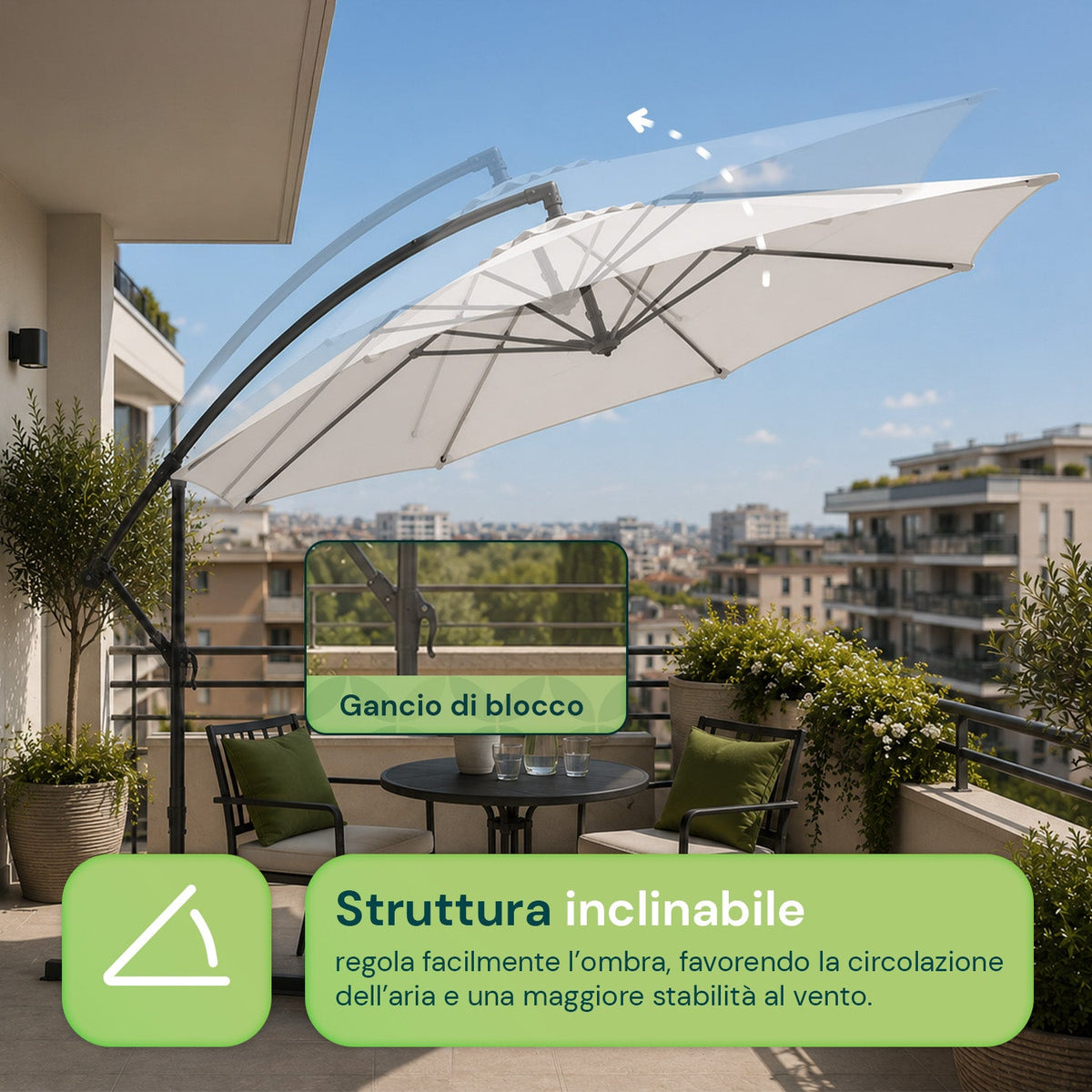 Ombrellone Rotondo Decentrato Ø3m con Braccio Laterale in Acciaio, Manovella, Poliestere 180gr Impermeabile UV per Giardino e Terrazzo