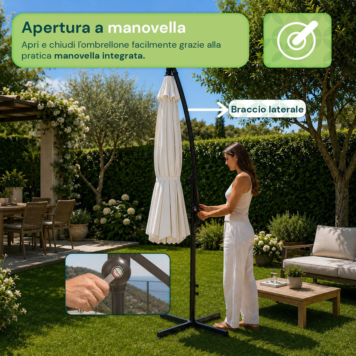 Ombrellone Rotondo Decentrato Ø3m con Braccio Laterale in Acciaio, Manovella, Poliestere 180gr Impermeabile UV per Giardino e Terrazzo
