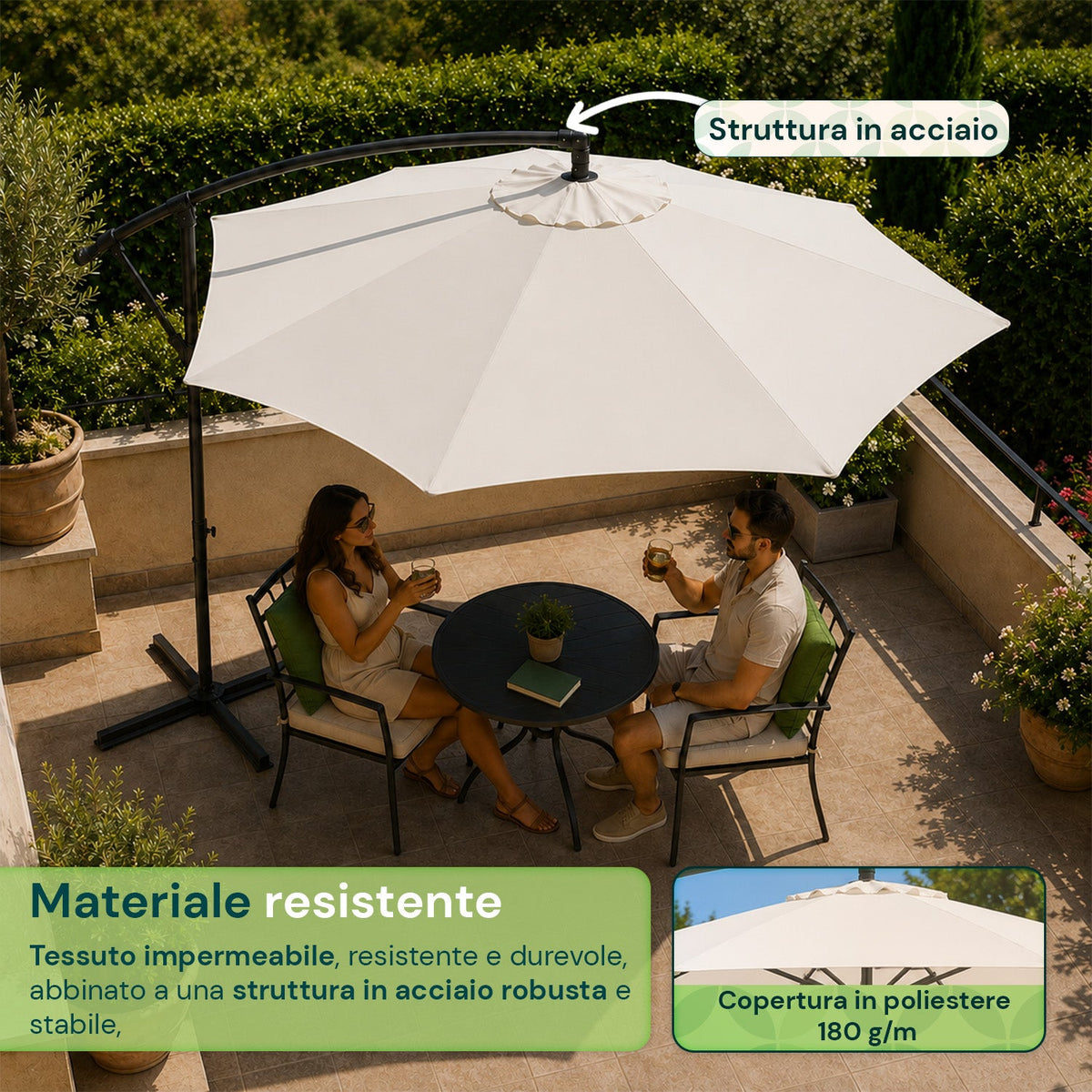 Ombrellone Rotondo Decentrato Ø3m con Braccio Laterale in Acciaio, Manovella, Poliestere 180gr Impermeabile UV per Giardino e Terrazzo