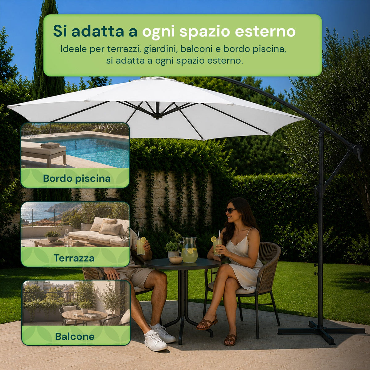 Ombrellone Rotondo Decentrato Ø3m con Braccio Laterale in Acciaio, Manovella, Poliestere 180gr Impermeabile UV per Giardino e Terrazzo