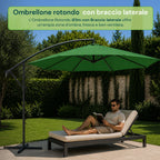 Ombrellone Rotondo Decentrato Ø3m con Braccio Laterale in Acciaio, Manovella, Poliestere 180gr Impermeabile UV per Giardino e Terrazzo