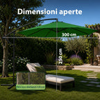 Ombrellone Rotondo Decentrato Ø3m con Braccio Laterale in Acciaio, Manovella, Poliestere 180gr Impermeabile UV per Giardino e Terrazzo