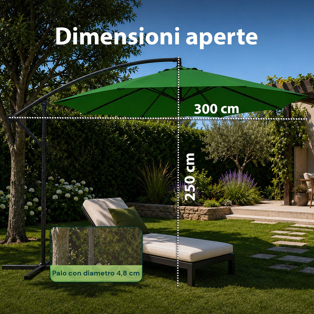 Ombrellone Rotondo Decentrato Ø3m con Braccio Laterale in Acciaio, Manovella, Poliestere 180gr Impermeabile UV per Giardino e Terrazzo