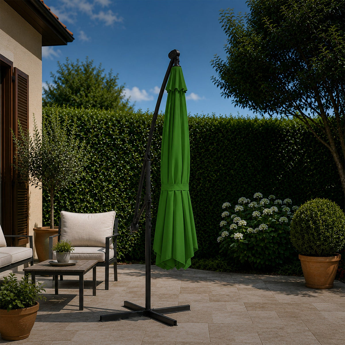 Ombrellone Rotondo Decentrato Ø3m con Braccio Laterale in Acciaio, Manovella, Poliestere 180gr Impermeabile UV per Giardino e Terrazzo