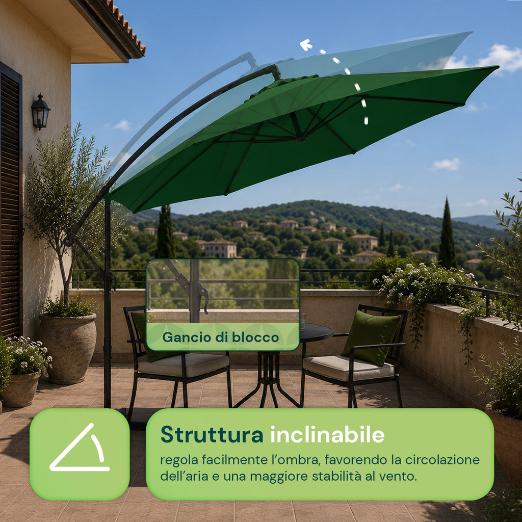 Ombrellone Rotondo Decentrato Ø3m con Braccio Laterale in Acciaio, Manovella, Poliestere 180gr Impermeabile UV per Giardino e Terrazzo