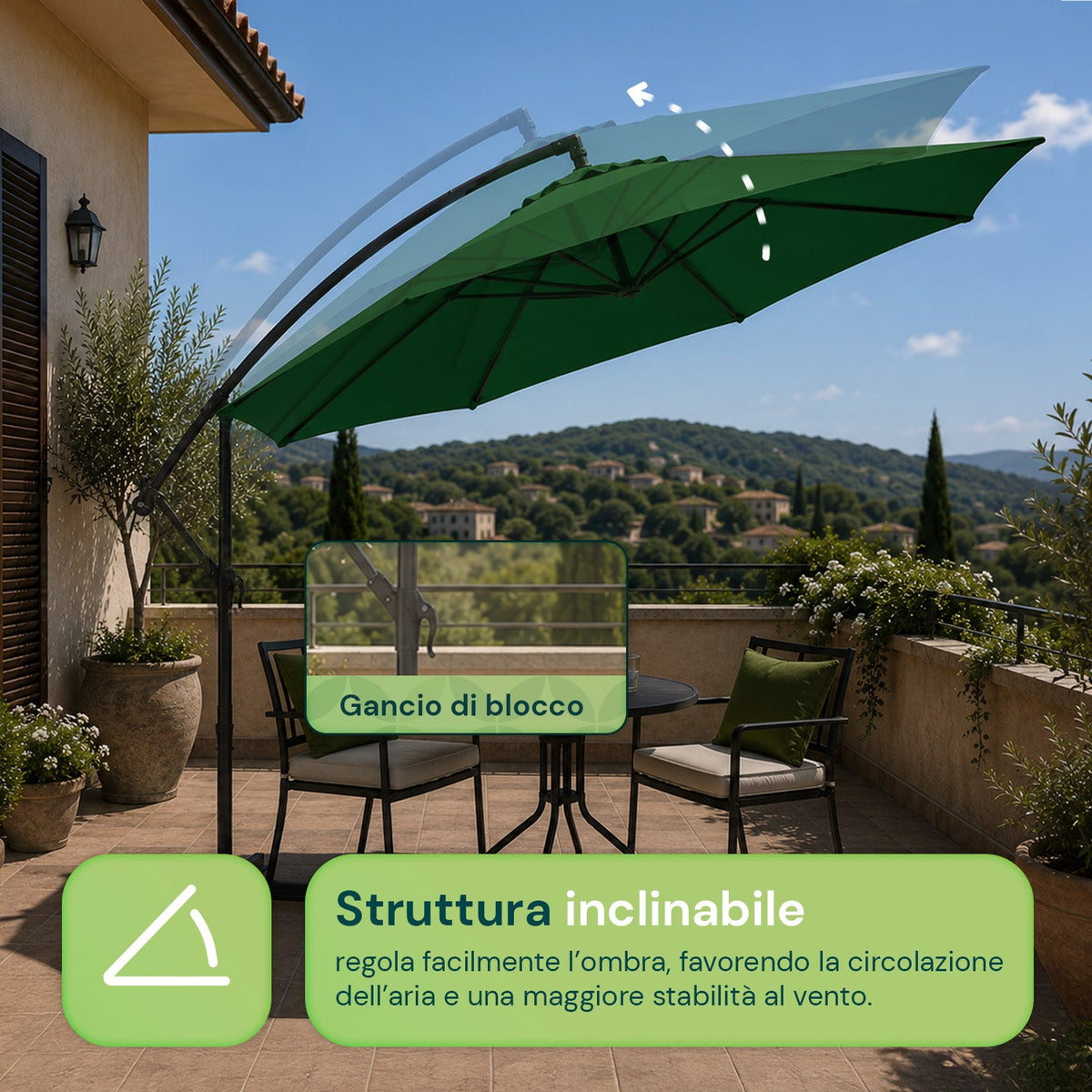 Ombrellone Rotondo Decentrato Ø3m con Braccio Laterale in Acciaio, Manovella, Poliestere 180gr Impermeabile UV per Giardino e Terrazzo