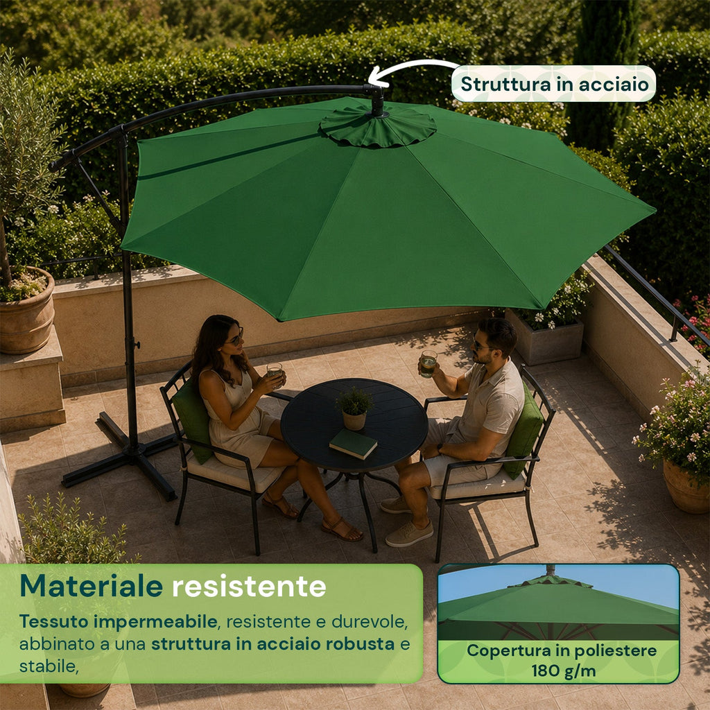 Ombrellone Rotondo Decentrato Ø3m con Braccio Laterale in Acciaio, Manovella, Poliestere 180gr Impermeabile UV per Giardino e Terrazzo