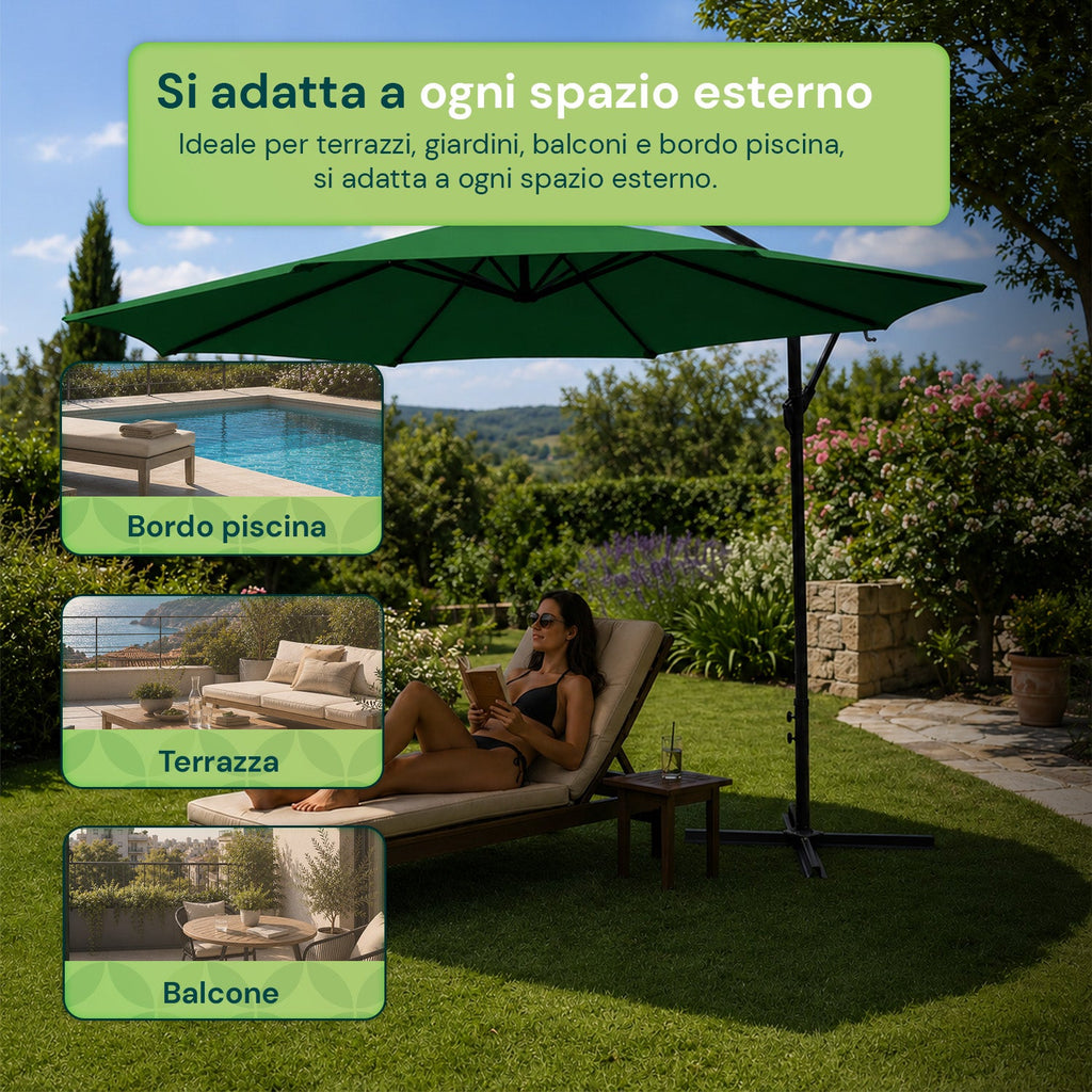Ombrellone Rotondo Decentrato Ø3m con Braccio Laterale in Acciaio, Manovella, Poliestere 180gr Impermeabile UV per Giardino e Terrazzo