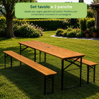 Set Tavolo e 2 Panche Pieghevoli da Giardino 120cm / 180cm in Legno con Struttura in Ferro e Foro Ombrellone 5cm – Portata Tavolo 200kg