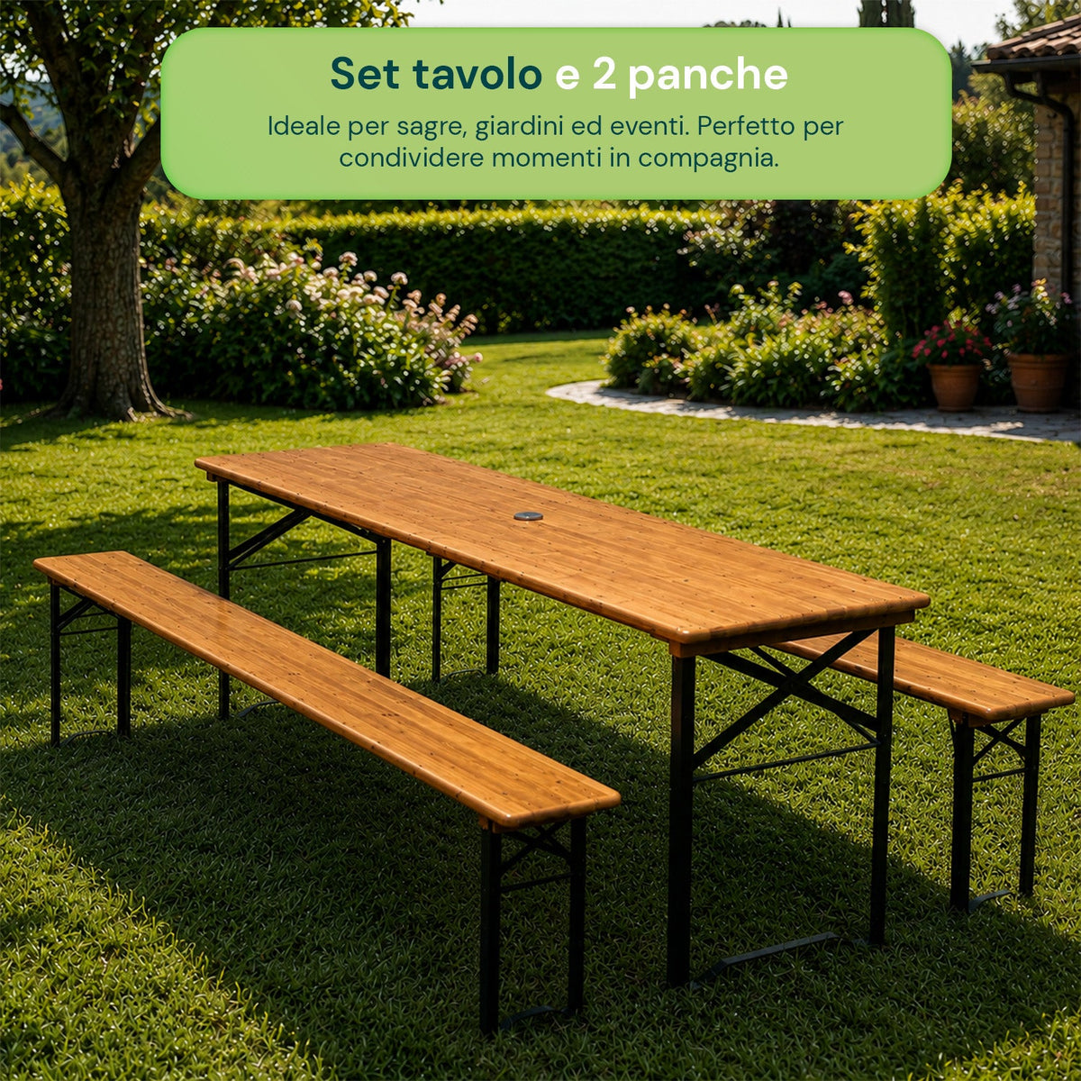 Set Tavolo e 2 Panche Pieghevoli da Giardino 120cm / 180cm in Legno con Struttura in Ferro e Foro Ombrellone 5cm – Portata Tavolo 200kg