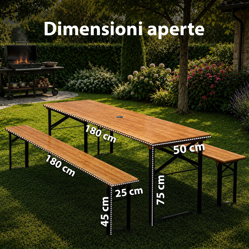 Set Tavolo e 2 Panche Pieghevoli da Giardino 120cm / 180cm in Legno con Struttura in Ferro e Foro Ombrellone 5cm – Portata Tavolo 200kg
