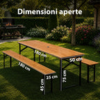 Set Tavolo e 2 Panche Pieghevoli da Giardino 120cm / 180cm in Legno con Struttura in Ferro e Foro Ombrellone 5cm – Portata Tavolo 200kg