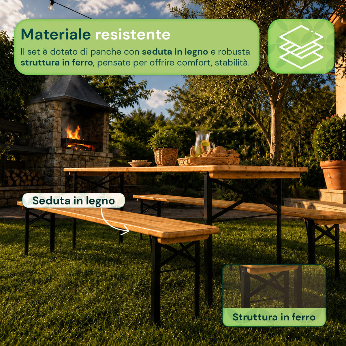 Set Tavolo e 2 Panche Pieghevoli da Giardino 120cm / 180cm in Legno con Struttura in Ferro e Foro Ombrellone 5cm – Portata Tavolo 200kg