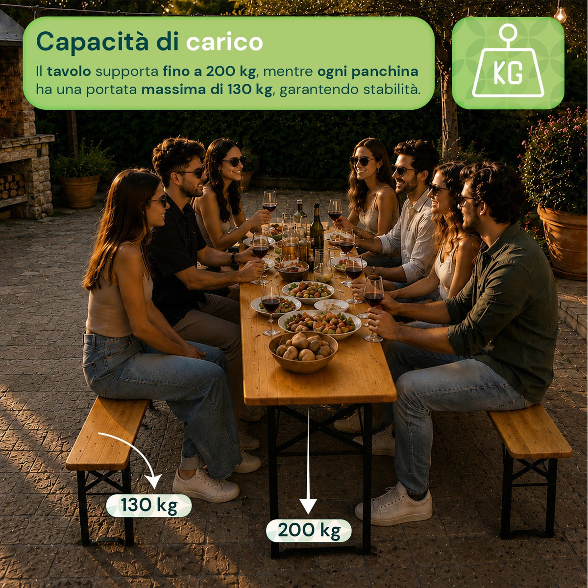 Set Tavolo e 2 Panche Pieghevoli da Giardino 120cm / 180cm in Legno con Struttura in Ferro e Foro Ombrellone 5cm – Portata Tavolo 200kg
