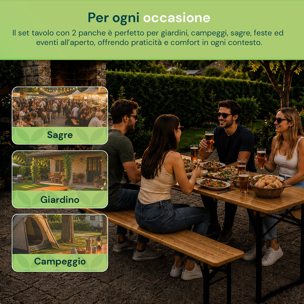 Set Tavolo e 2 Panche Pieghevoli da Giardino 120cm / 180cm in Legno con Struttura in Ferro e Foro Ombrellone 5cm – Portata Tavolo 200kg