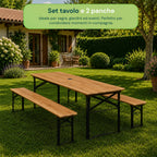 Set Tavolo e 2 Panche Pieghevoli da Giardino 120cm / 180cm in Legno con Struttura in Ferro e Foro Ombrellone 5cm – Portata Tavolo 200kg