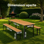 Set Tavolo e 2 Panche Pieghevoli da Giardino 120cm / 180cm in Legno con Struttura in Ferro e Foro Ombrellone 5cm – Portata Tavolo 200kg