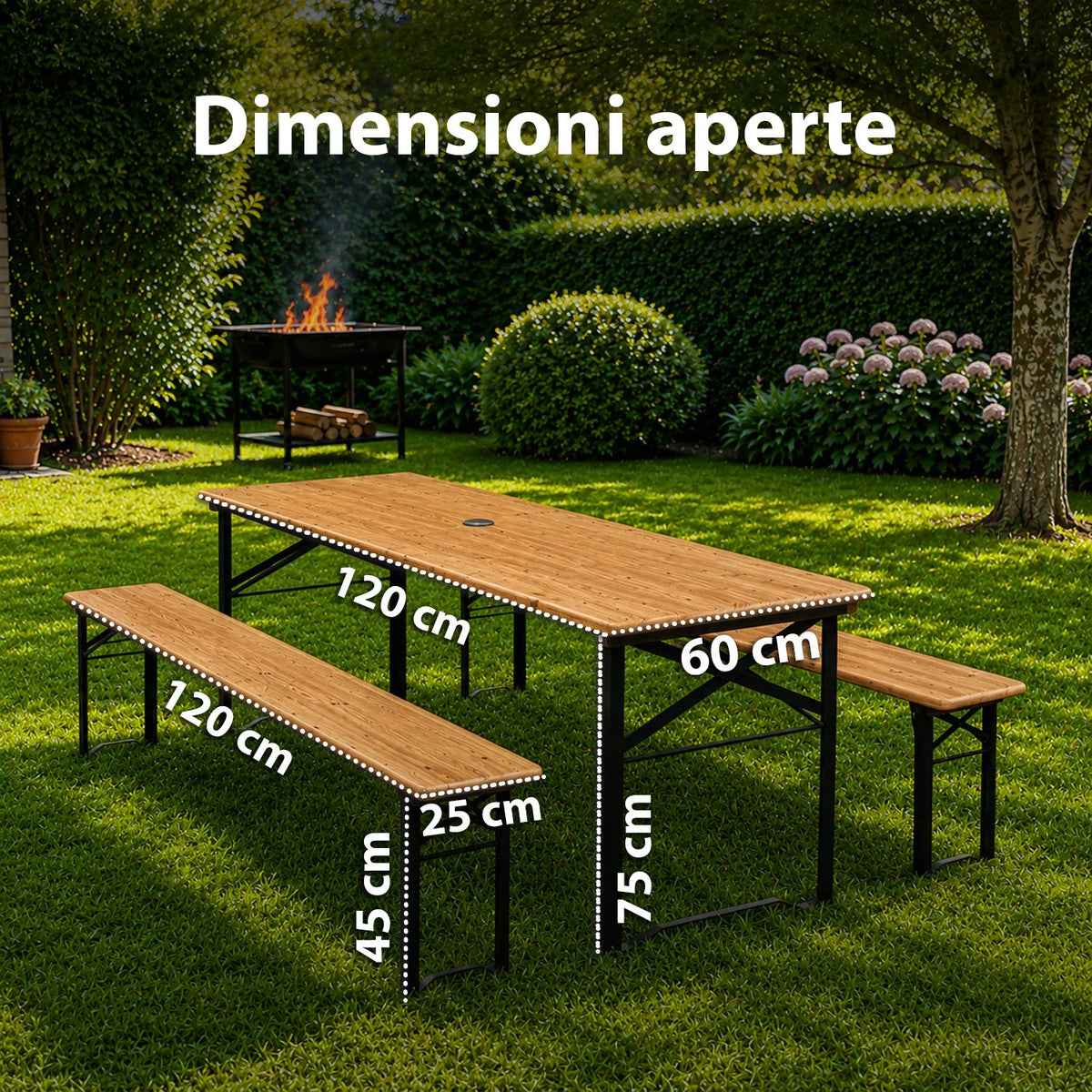 Set Tavolo e 2 Panche Pieghevoli da Giardino 120cm / 180cm in Legno con Struttura in Ferro e Foro Ombrellone 5cm – Portata Tavolo 200kg