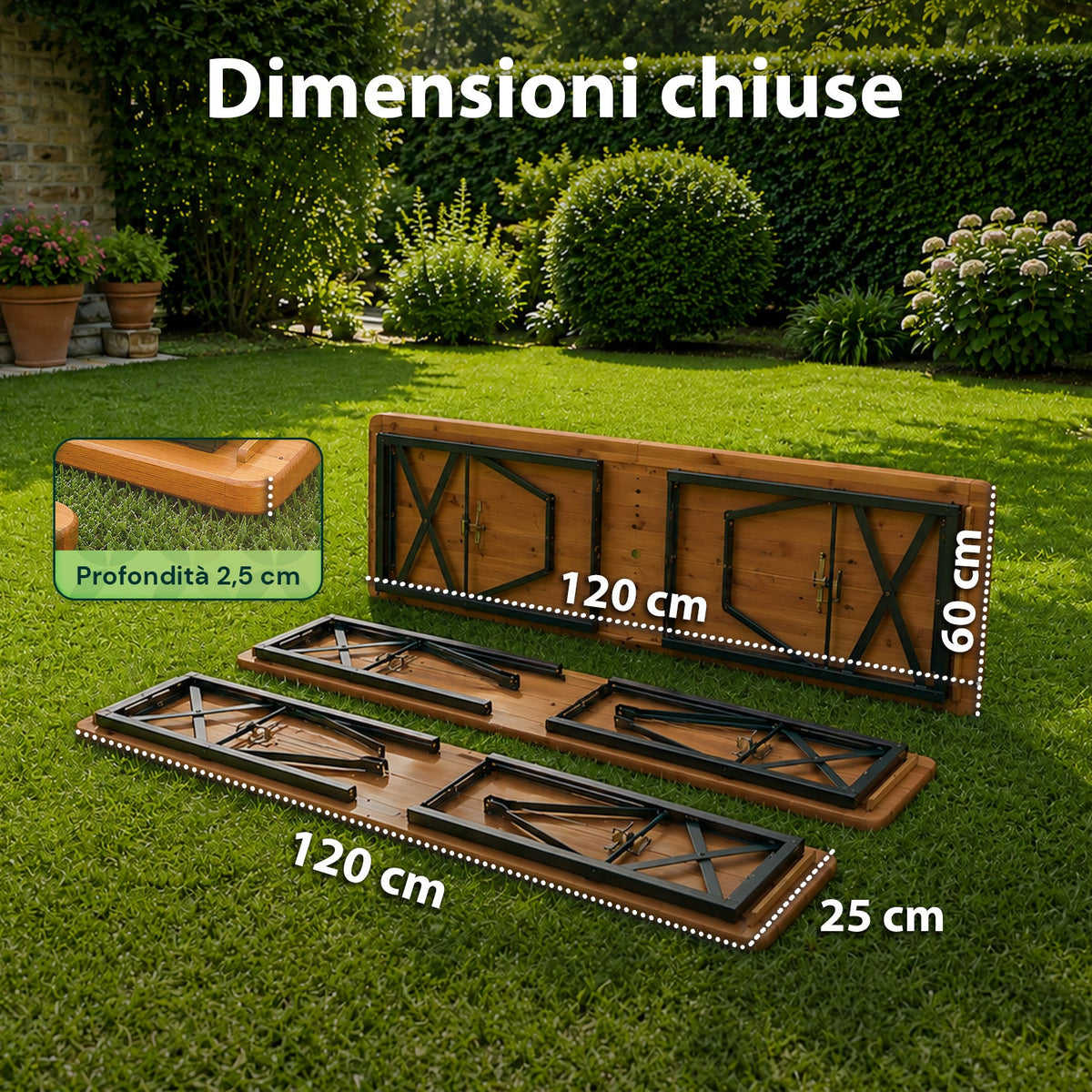 Set Tavolo e 2 Panche Pieghevoli da Giardino 120cm / 180cm in Legno con Struttura in Ferro e Foro Ombrellone 5cm – Portata Tavolo 200kg