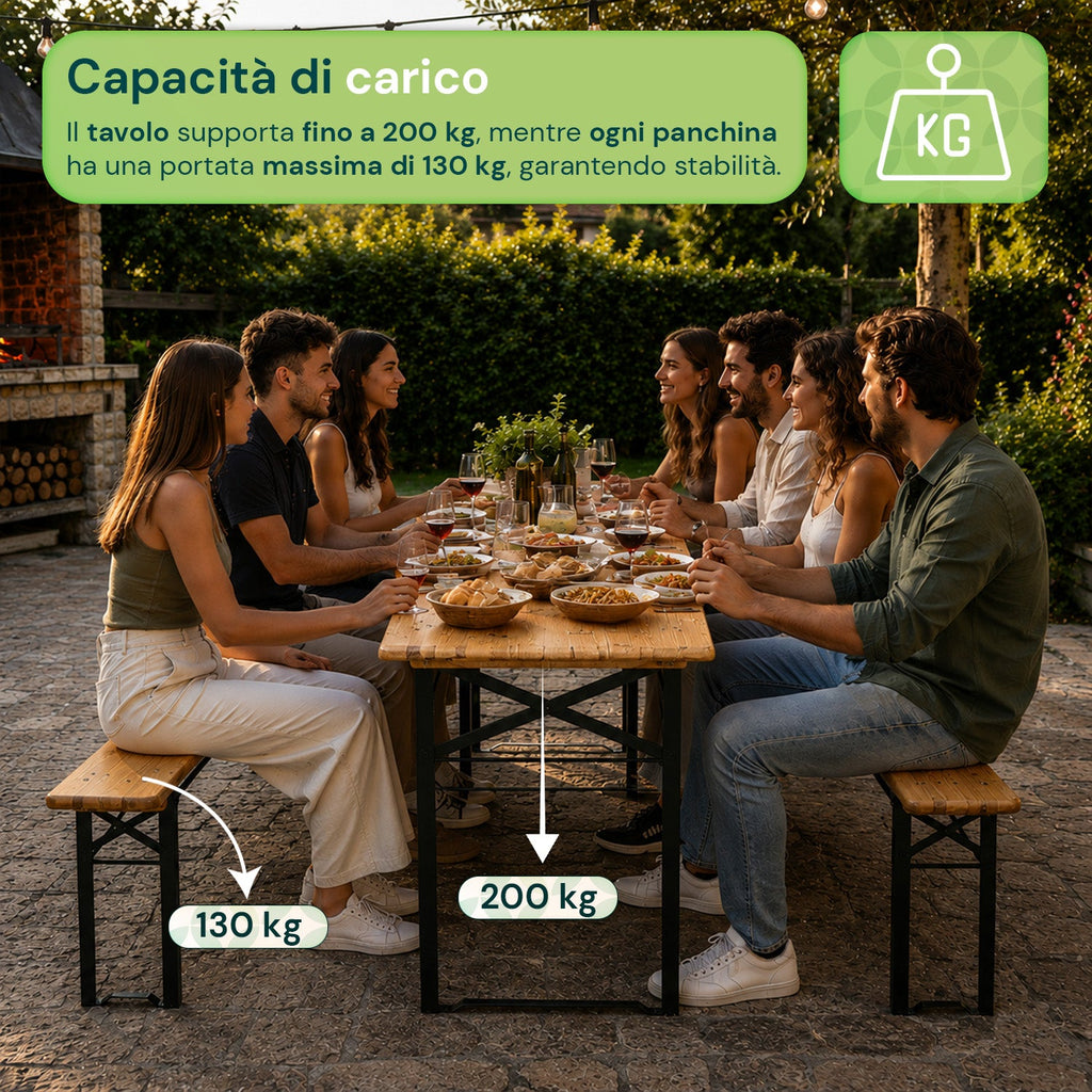 Set Tavolo e 2 Panche Pieghevoli da Giardino 120cm / 180cm in Legno con Struttura in Ferro e Foro Ombrellone 5cm – Portata Tavolo 200kg