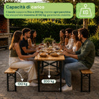 Set Tavolo e 2 Panche Pieghevoli da Giardino 120cm / 180cm in Legno con Struttura in Ferro e Foro Ombrellone 5cm – Portata Tavolo 200kg
