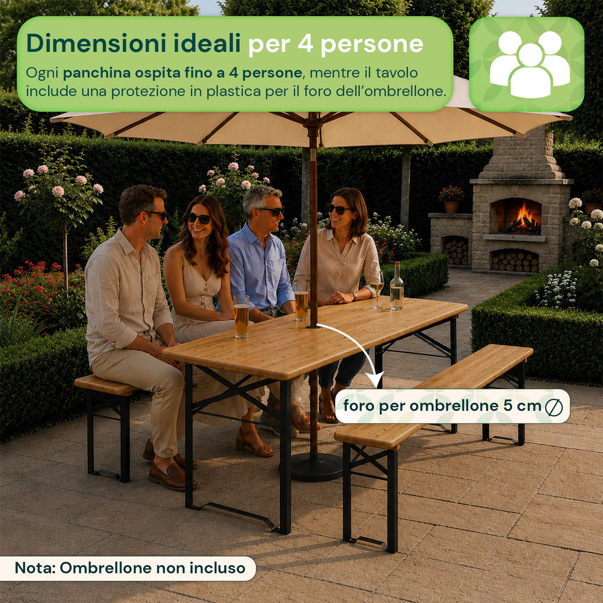 Set Tavolo e 2 Panche Pieghevoli da Giardino 120cm / 180cm in Legno con Struttura in Ferro e Foro Ombrellone 5cm – Portata Tavolo 200kg