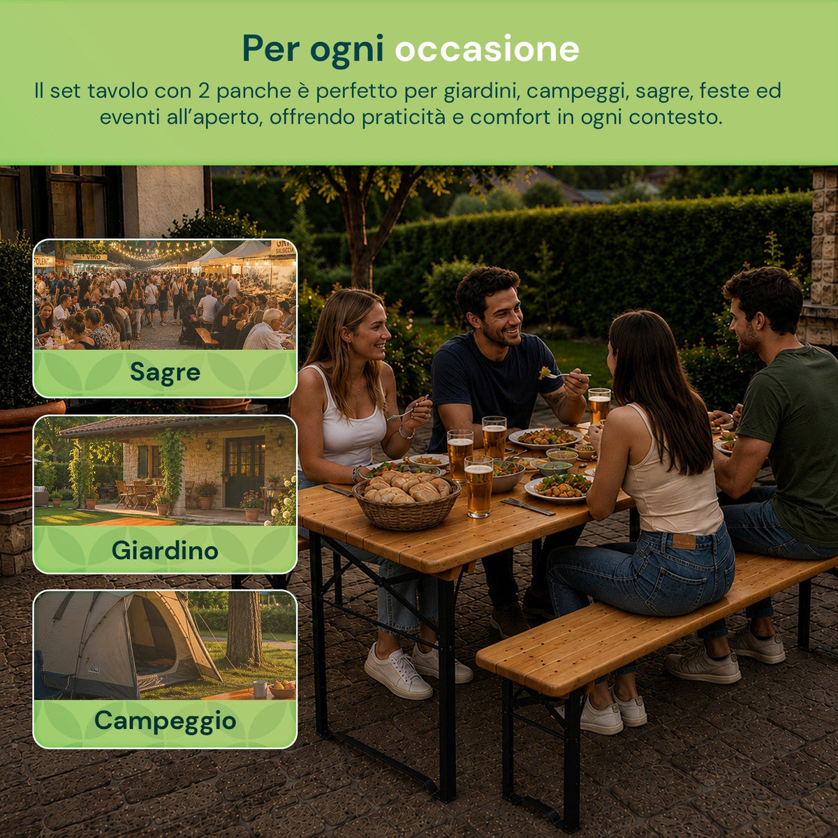 Set Tavolo e 2 Panche Pieghevoli da Giardino 120cm / 180cm in Legno con Struttura in Ferro e Foro Ombrellone 5cm – Portata Tavolo 200kg