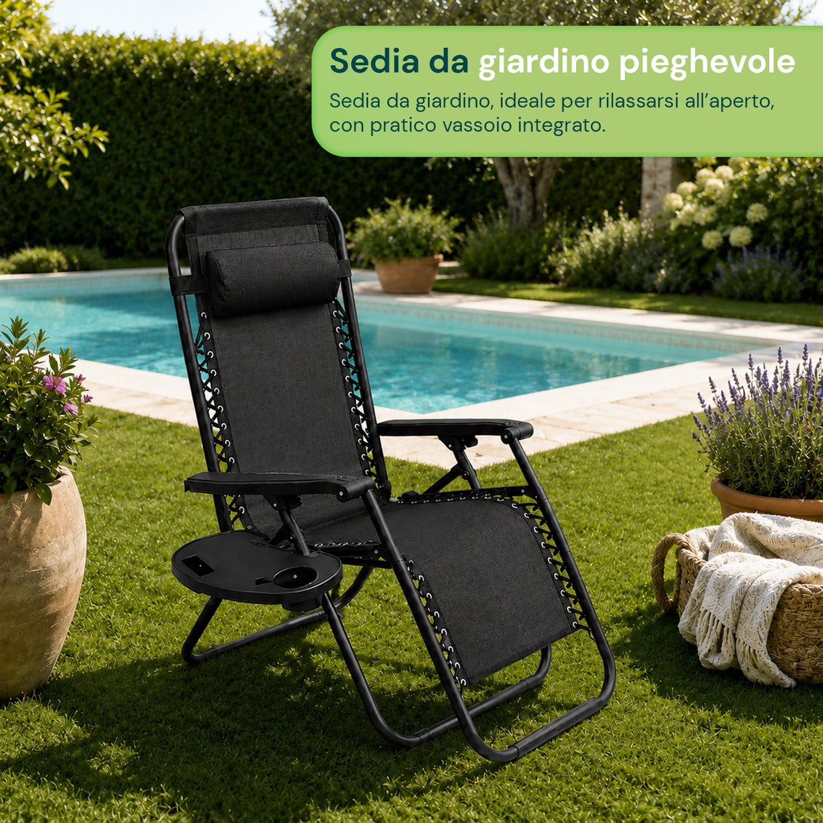 Sedia da giardino pieghevole con vassoio laterale – Portata 120 kg – Struttura in ferro e tessuto Teslin