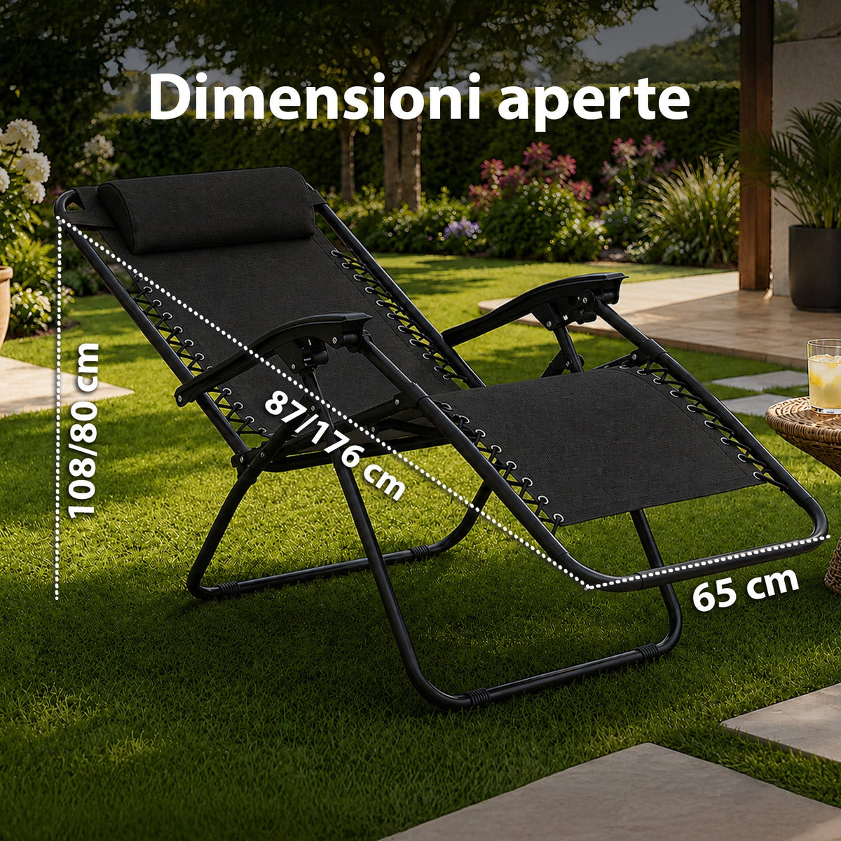 Sedia da giardino pieghevole con vassoio laterale – Portata 120 kg – Struttura in ferro e tessuto Teslin