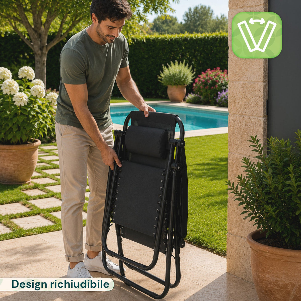 Sedia da giardino pieghevole con vassoio laterale – Portata 120 kg – Struttura in ferro e tessuto Teslin