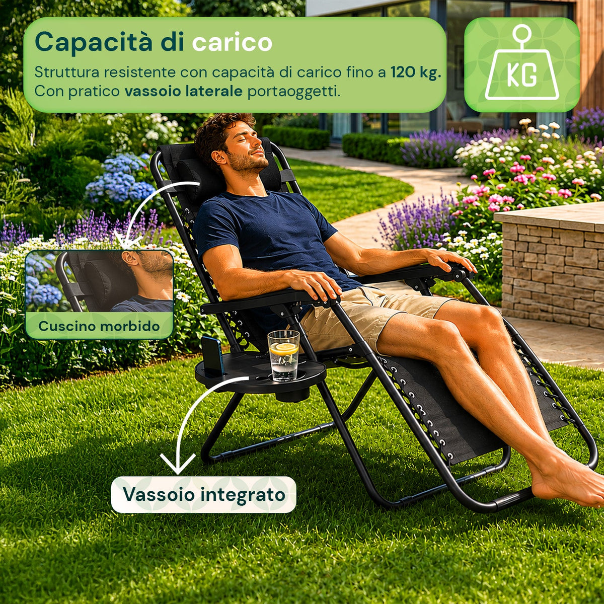 Sedia da giardino pieghevole con vassoio laterale – Portata 120 kg – Struttura in ferro e tessuto Teslin