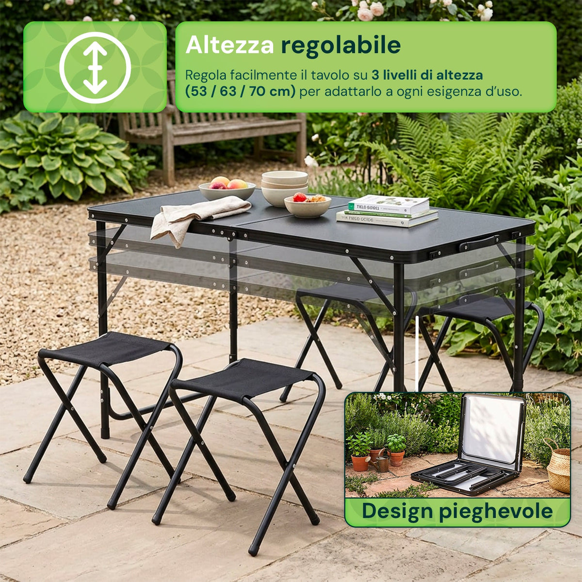Set Tavolo Pieghevole da Campeggio con 4 Sgabelli – Struttura in Alluminio Leggera e Robusta – Tavolo Regolabile in 3 Altezze – Portata 50kg/100kg – Design a Valigetta Salvaspazio