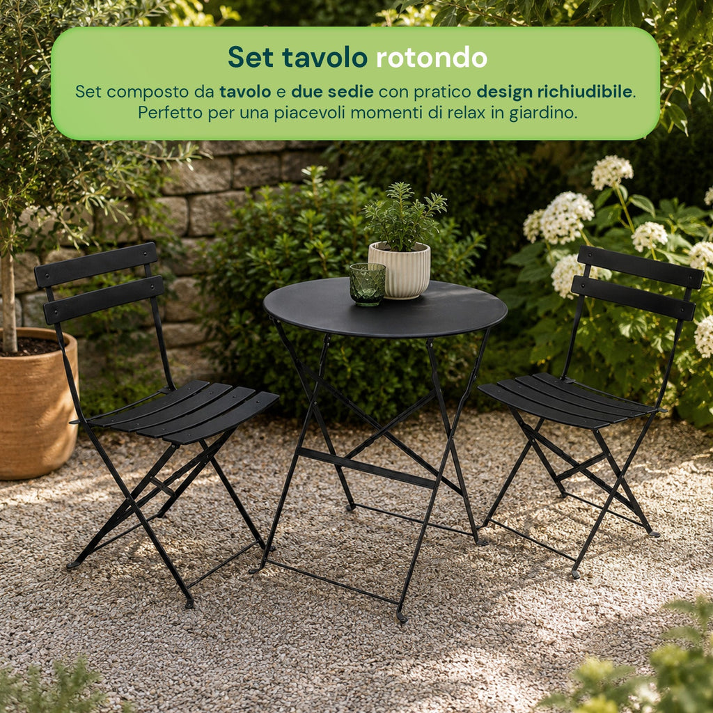Set Tavolo e 2 Sedie Pieghevoli in Ferro da Giardino – Tavolo Rotondo ø 60cm e 2 Sedie Salvaspazio – Portata 150kg/100kg