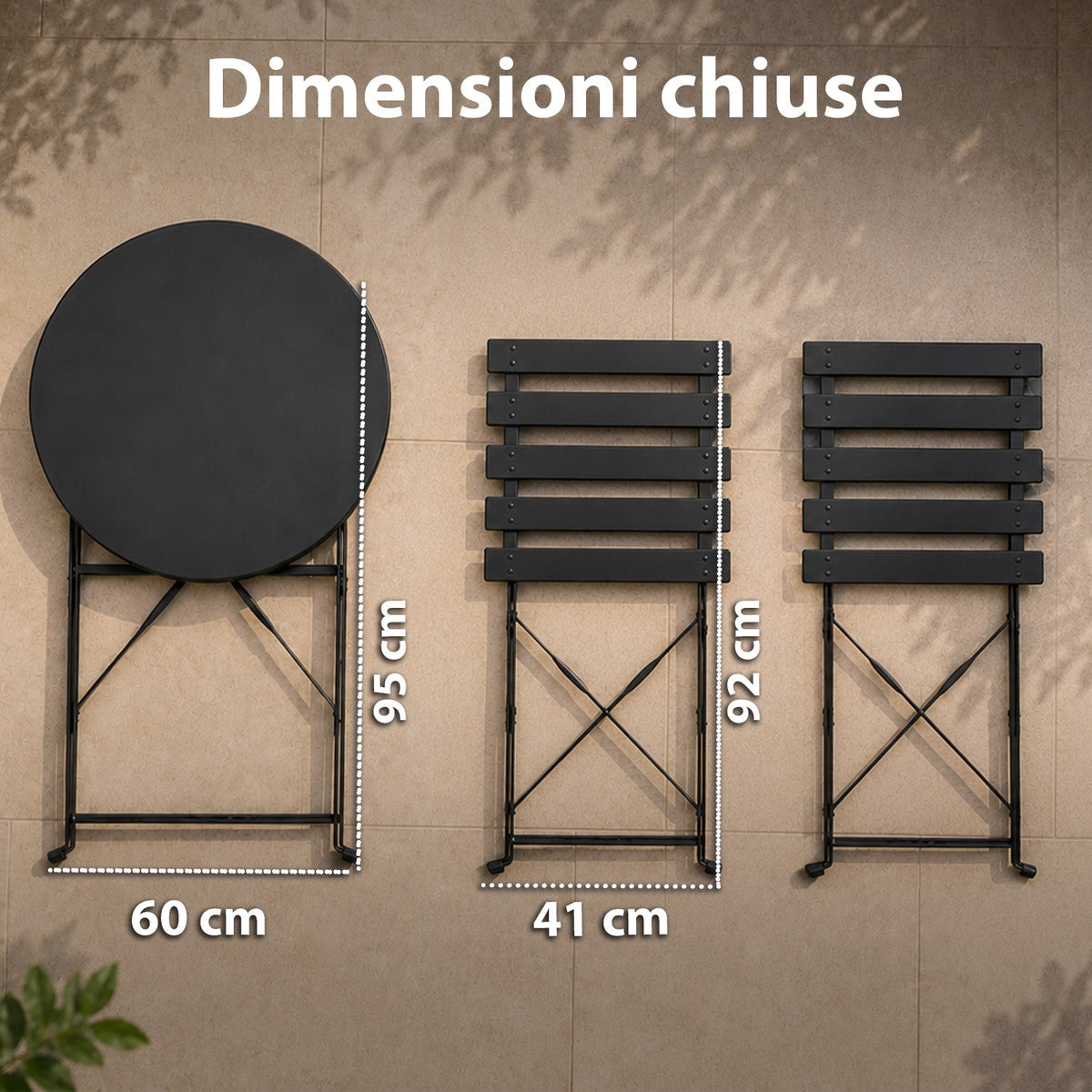 Set Tavolo e 2 Sedie Pieghevoli in Ferro da Giardino – Tavolo Rotondo ø 60cm e 2 Sedie Salvaspazio – Portata 150kg/100kg