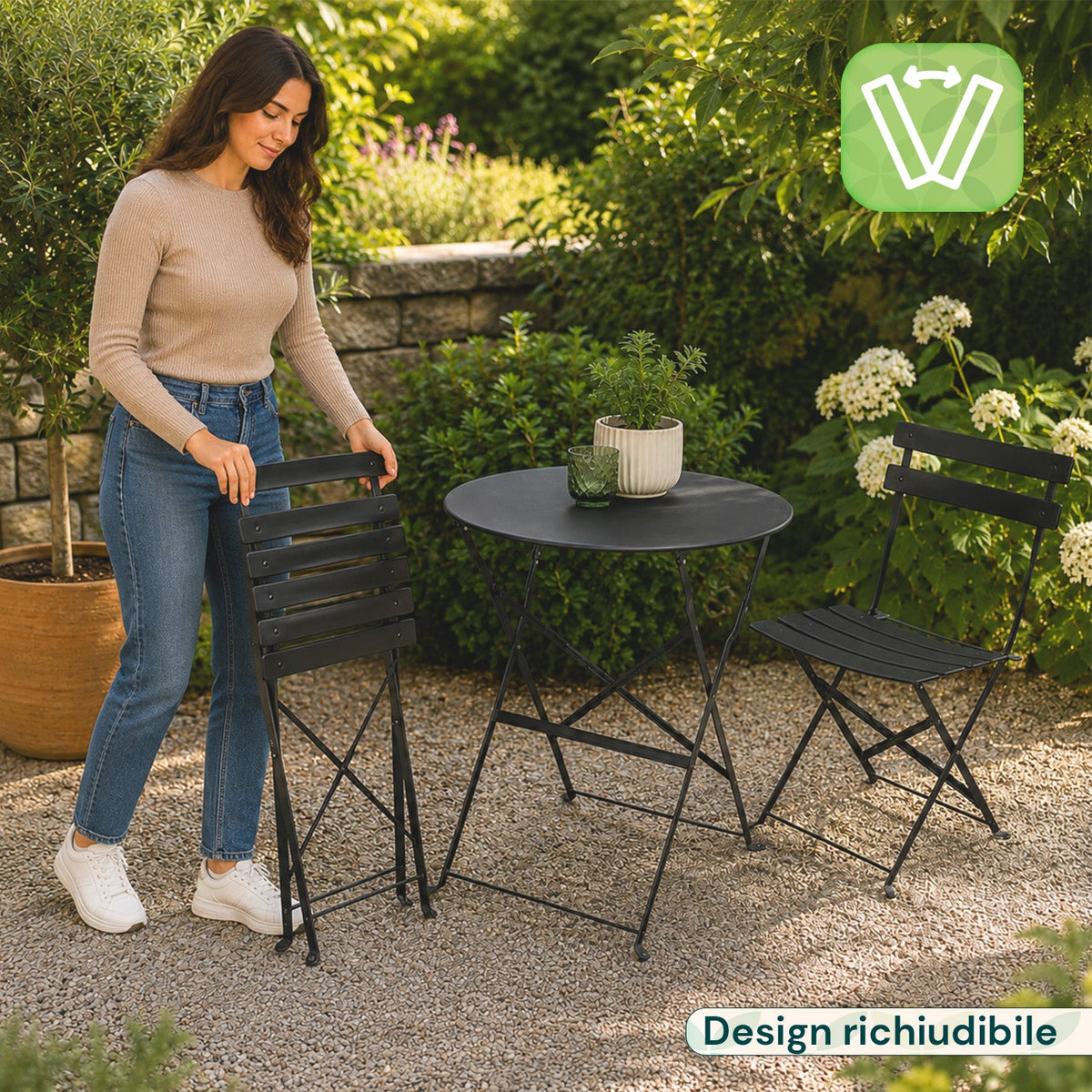 Set Tavolo e 2 Sedie Pieghevoli in Ferro da Giardino – Tavolo Rotondo ø 60cm e 2 Sedie Salvaspazio – Portata 150kg/100kg