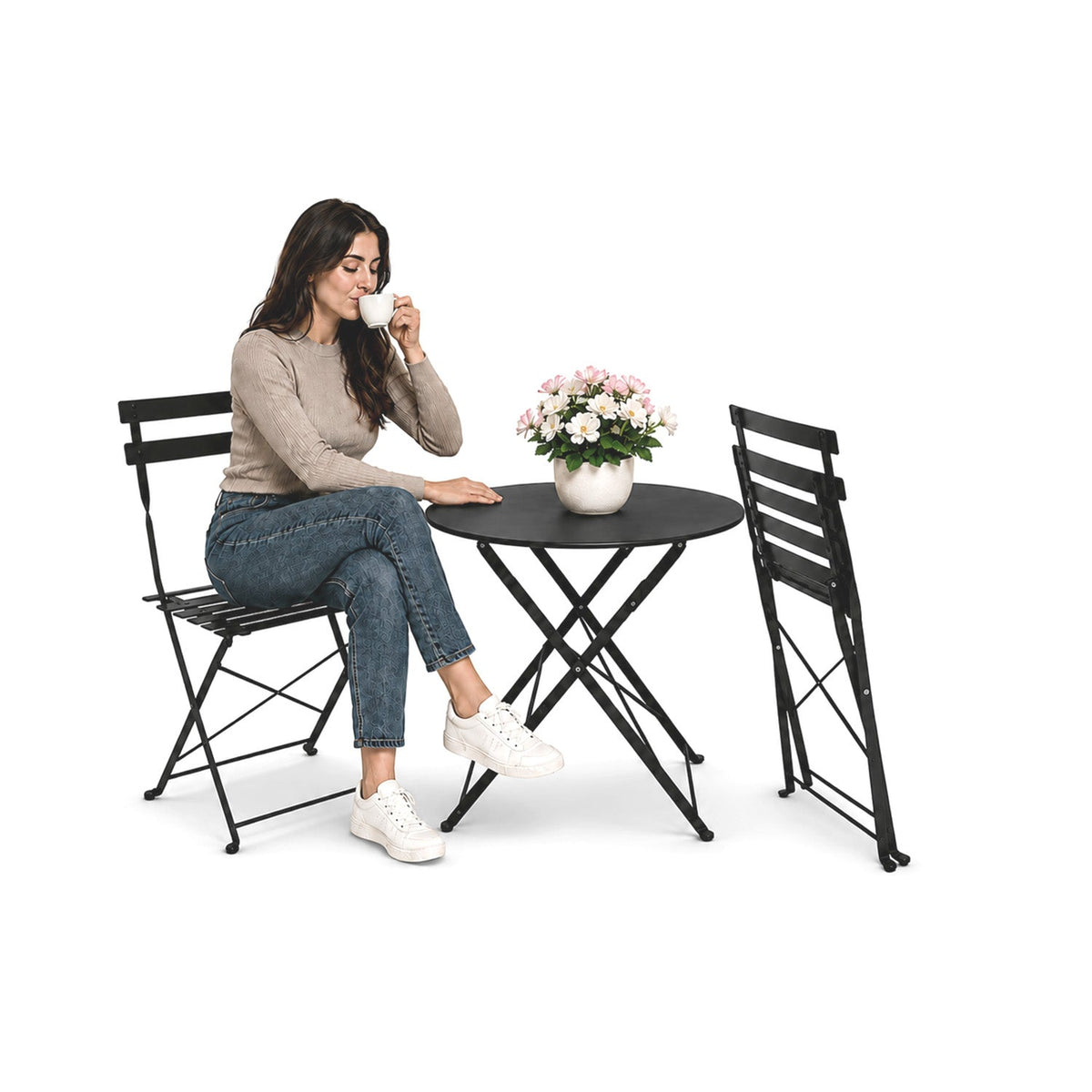 Set Tavolo e 2 Sedie Pieghevoli in Ferro da Giardino – Tavolo Rotondo ø 60cm e 2 Sedie Salvaspazio – Portata 150kg/100kg