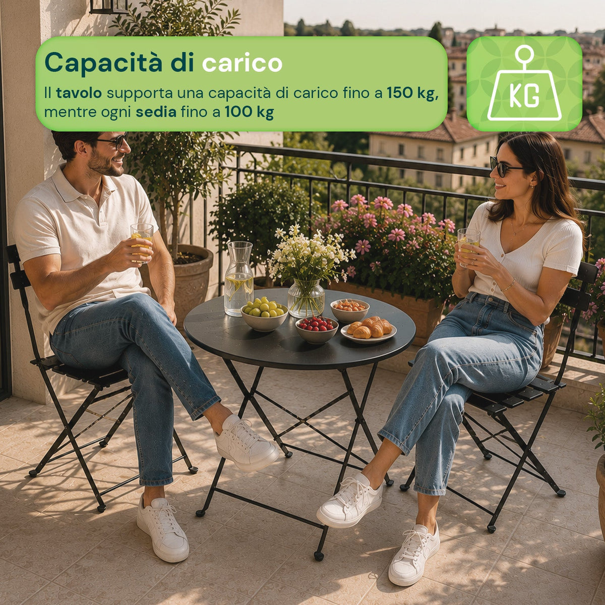 Set Tavolo e 2 Sedie Pieghevoli in Ferro da Giardino – Tavolo Rotondo ø 60cm e 2 Sedie Salvaspazio – Portata 150kg/100kg